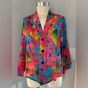 100% Silk Chicos Funky Colorful Button Down Top 1